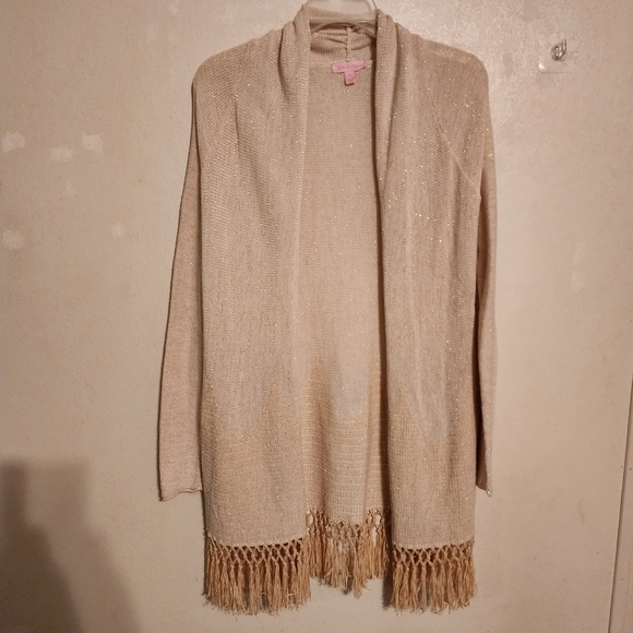 Lilly Pulitzer Tatum Long Fringe Hem Shimmer Open Cardigan Size S - Picture 1 of 13